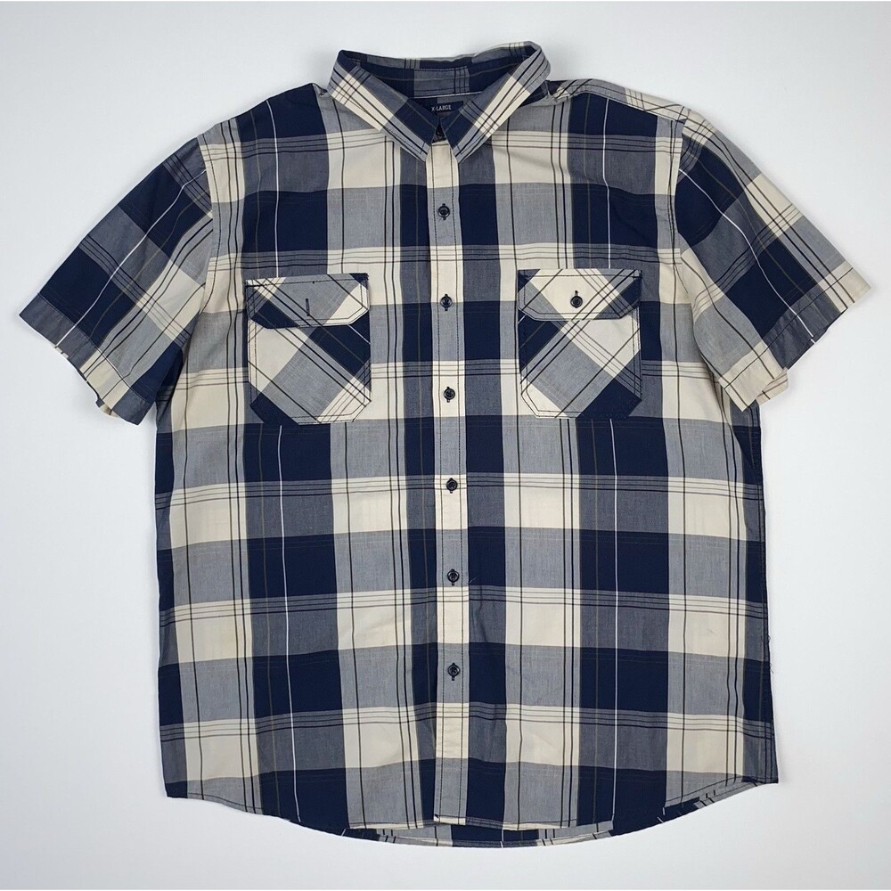 American Rag Men's XL Regular Blue Plaid Short Sleeve Button-Up Pockets